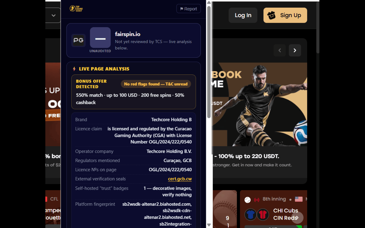TCS extension live-analyzing an unreviewed casino: licence numbers, seals and bonus terms