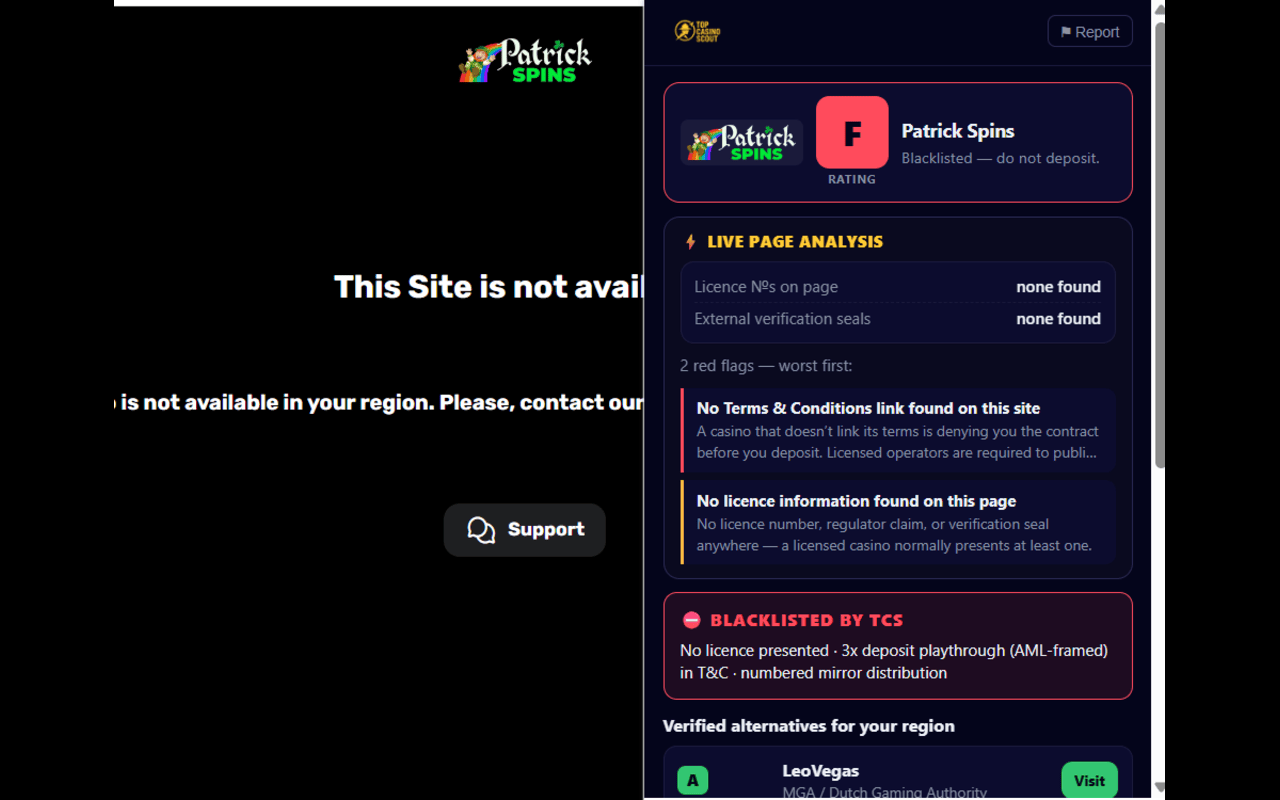 TCS extension flagging a blacklisted casino hiding behind a numbered mirror domain