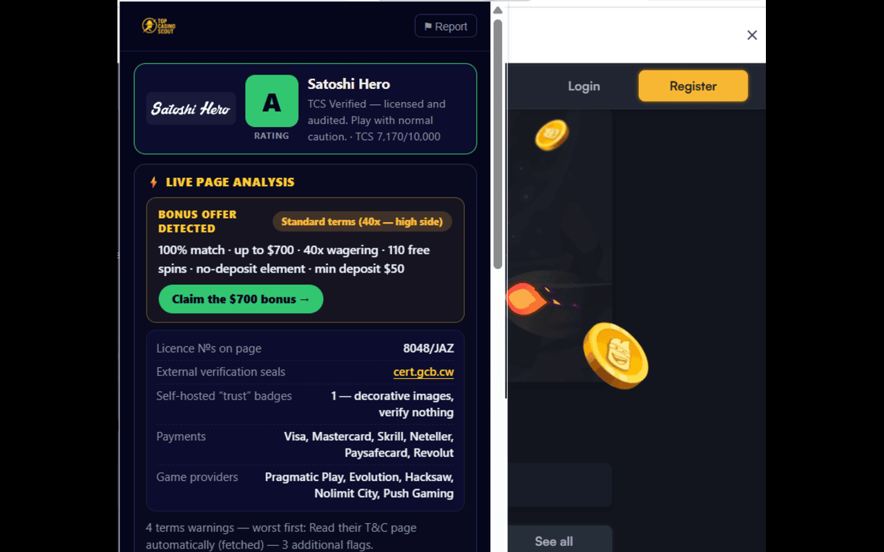 TCS extension showing a verified A-rated casino with decoded bonus terms
