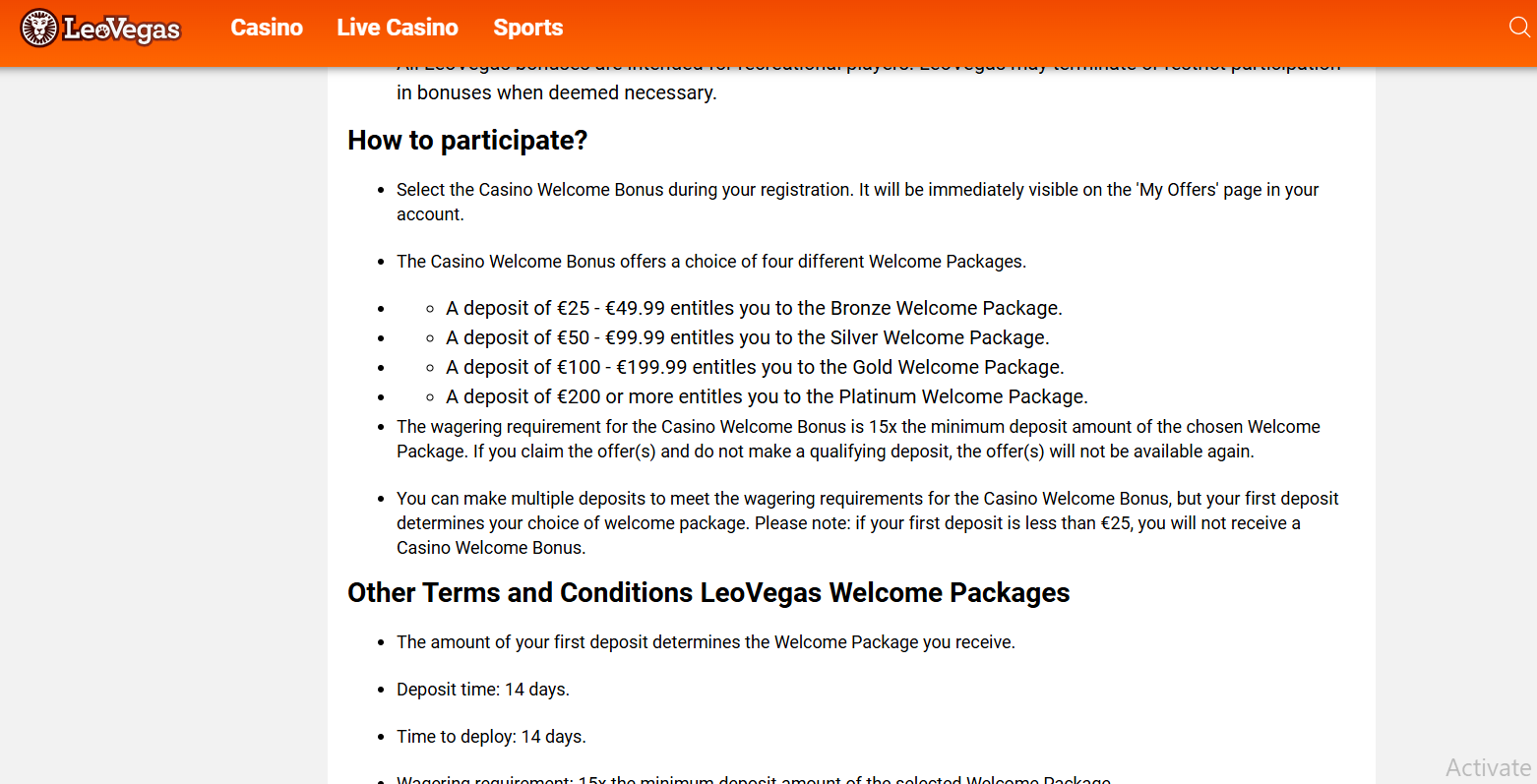 LeoVegas bonus terms showing tiered packages and 15x wagering