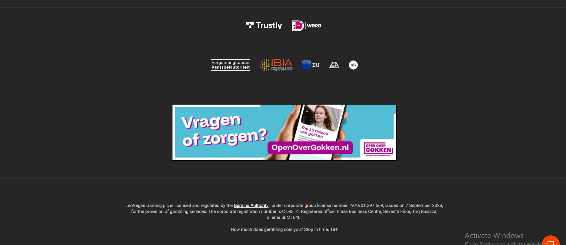 LeoVegas footer showing Kansspelautoriteit and IBIA licence badges