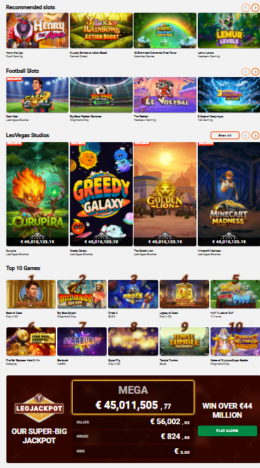LeoVegas lobby showing recommended slots, LeoVegas Studios and LeoJackpot
