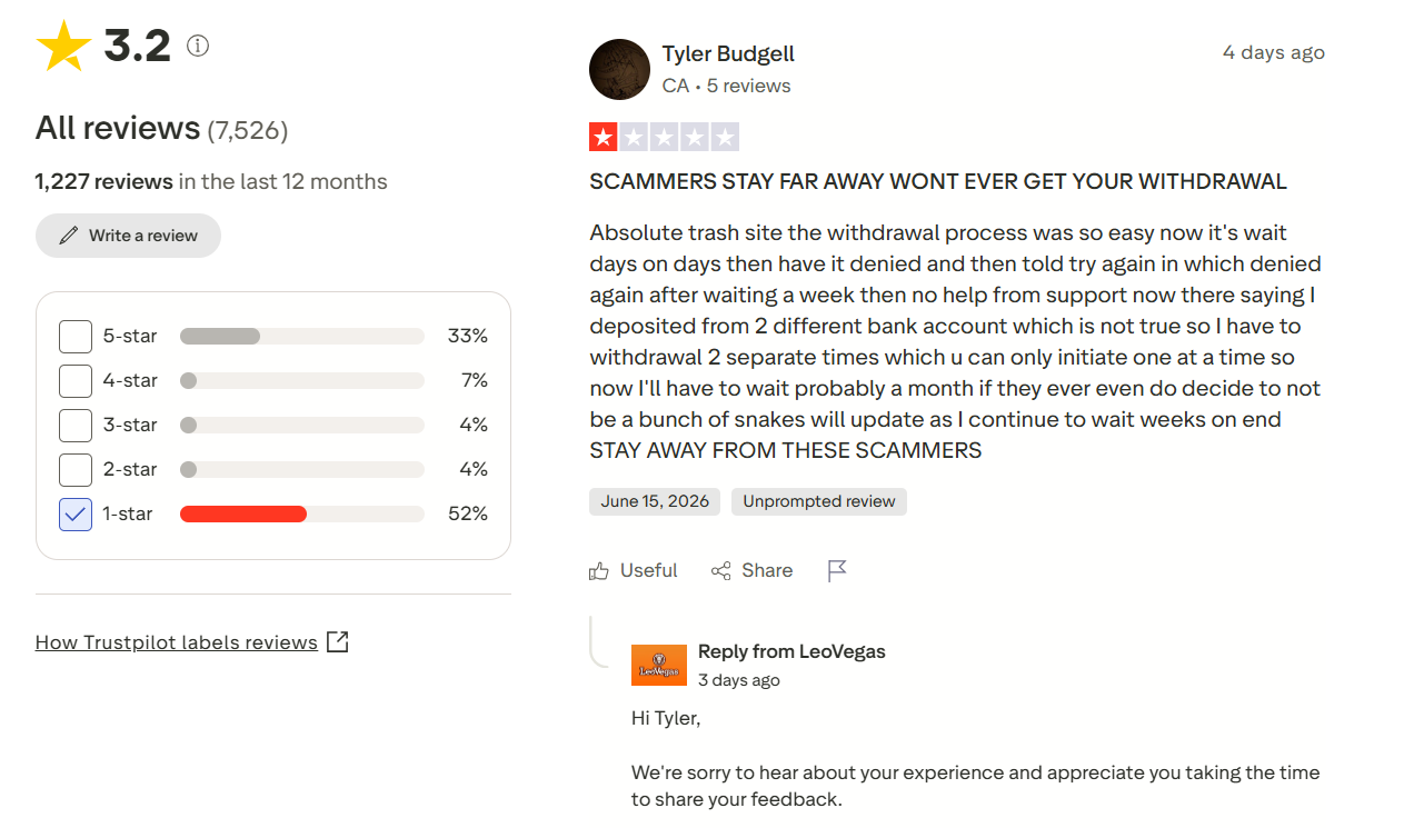 LeoVegas Trustpilot rating breakdown and a one-star withdrawal complaint