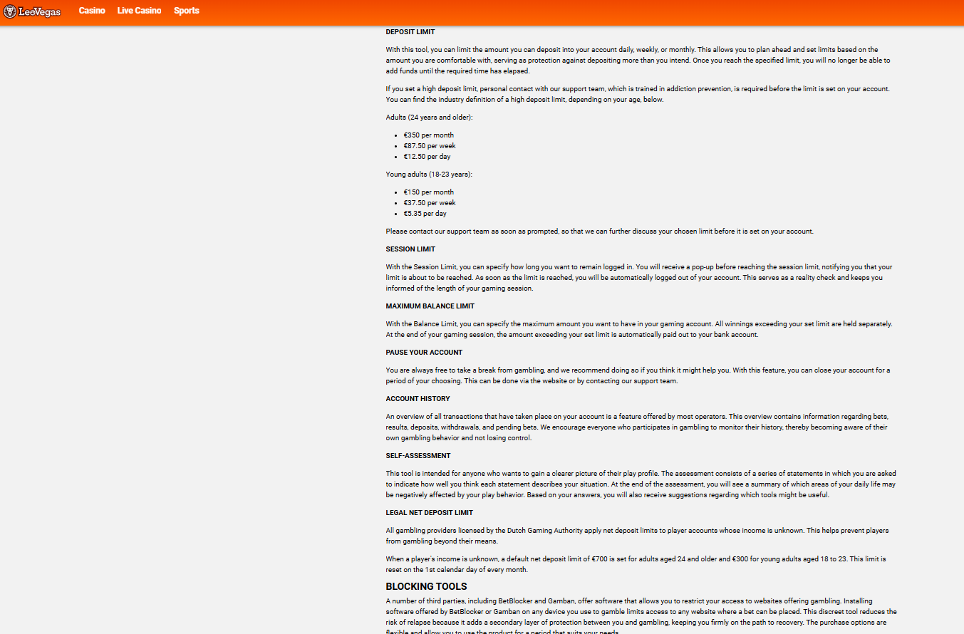LeoVegas responsible gambling tools page
