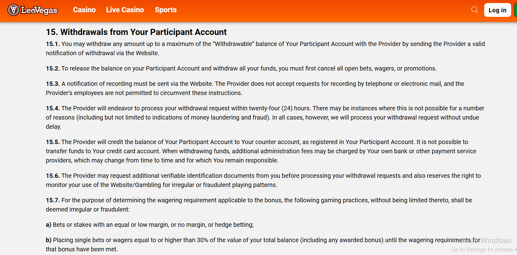 LeoVegas terms and conditions withdrawal section