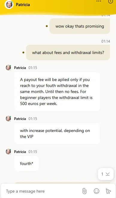 CazinoStars support chat about withdrawal limits and fees