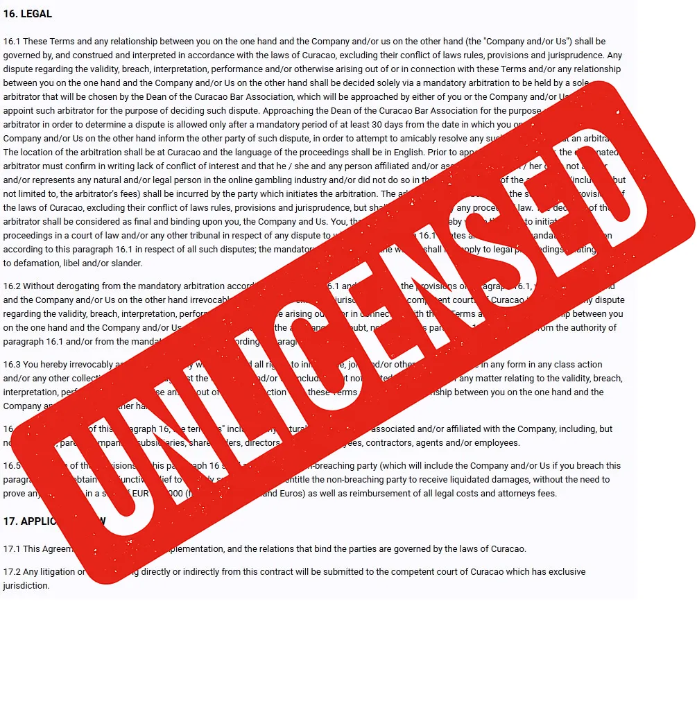 CazinoStars terms and arbitration clause
