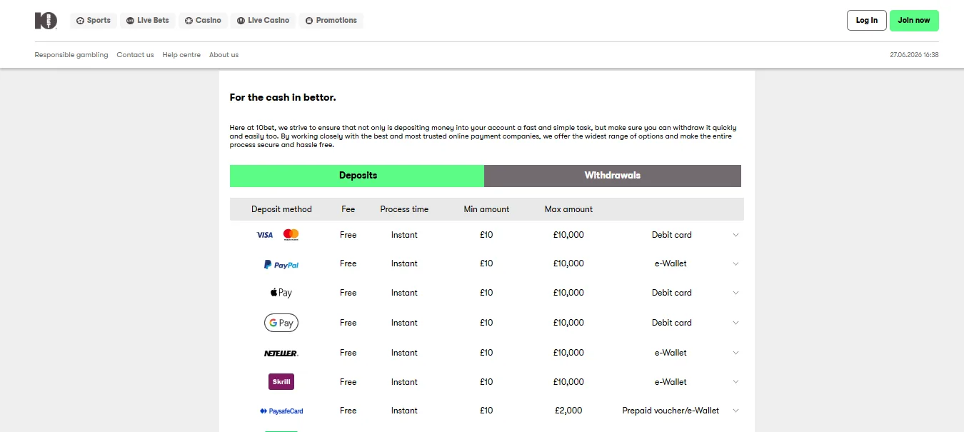 10bet cashier showing fee-free instant deposits