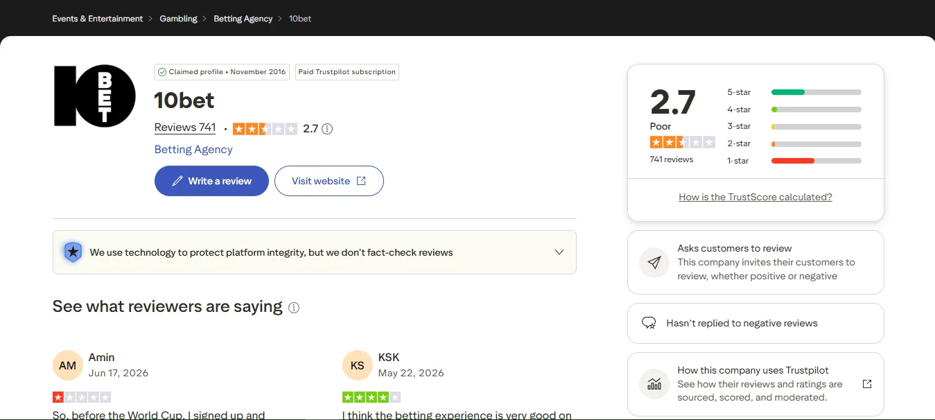 10bet Trustpilot rating 2.7 out of 5 from 741 reviews
