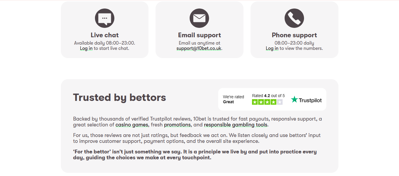 10bet support channels: live chat, email and phone