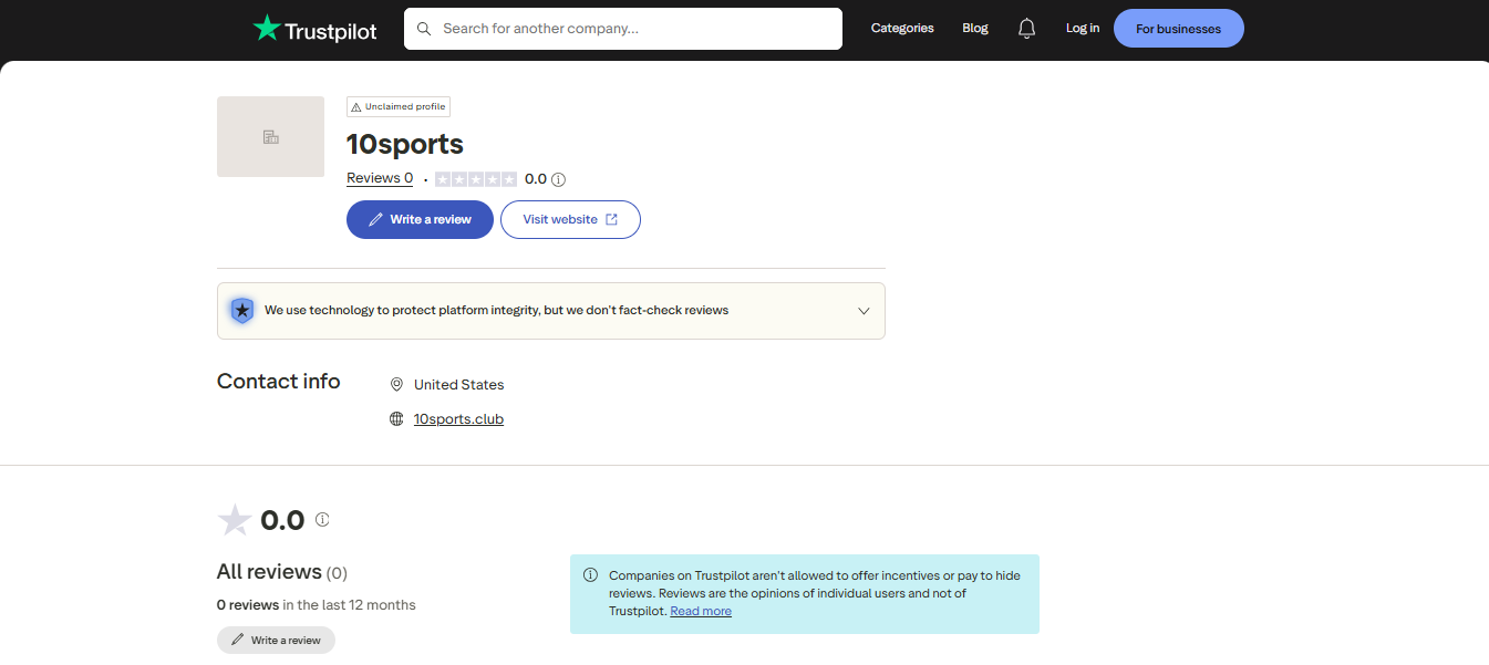 10Sports Trustpilot overview