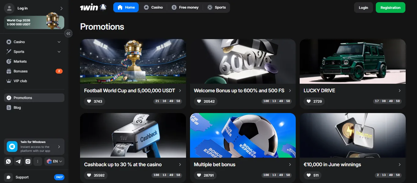 Screenshot of 1Win's welcome bonus offer