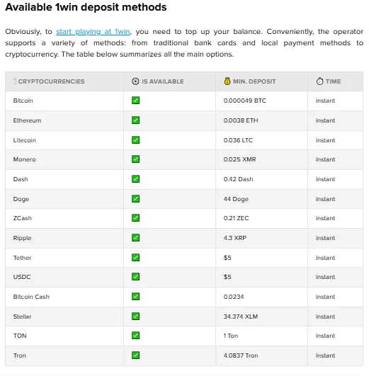1Win deposit methods including crypto and UPI