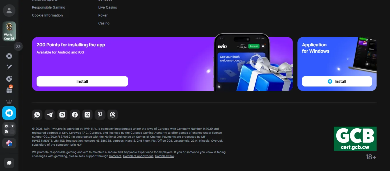 1Win footer showing its Curaçao licence