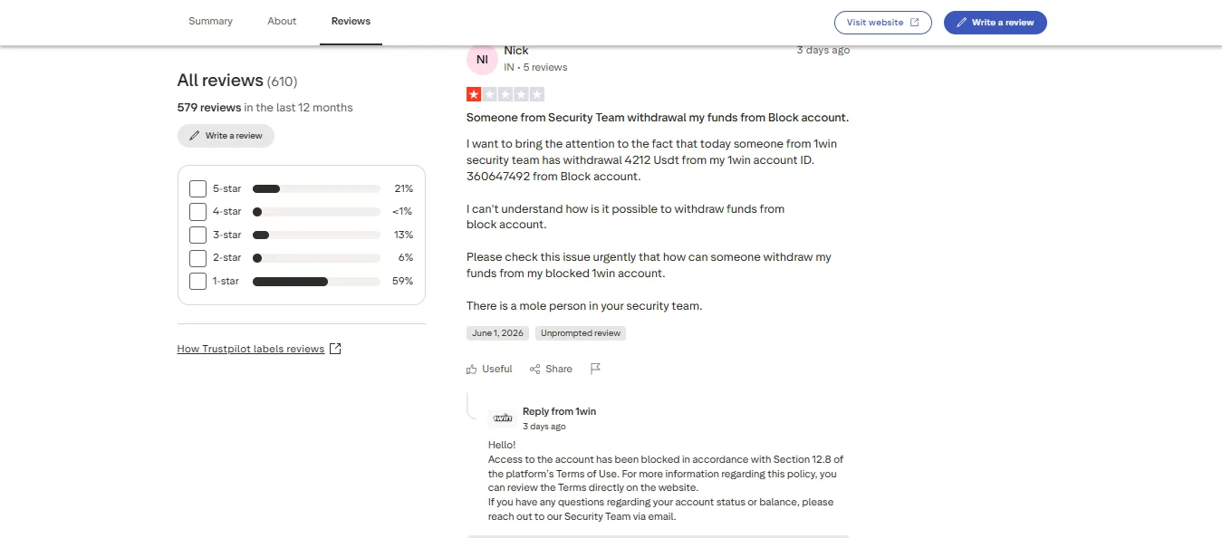 A recent negative 1Win review on Trustpilot