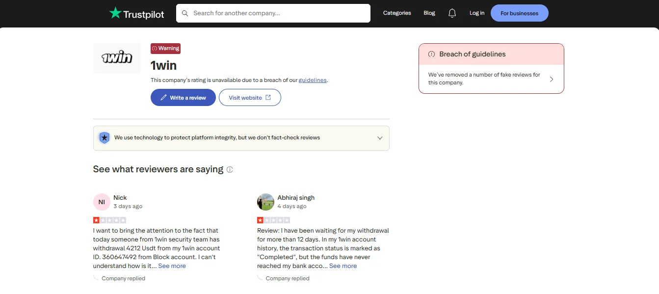 1Win Trustpilot rating 3.8 out of 5 from 610 reviews