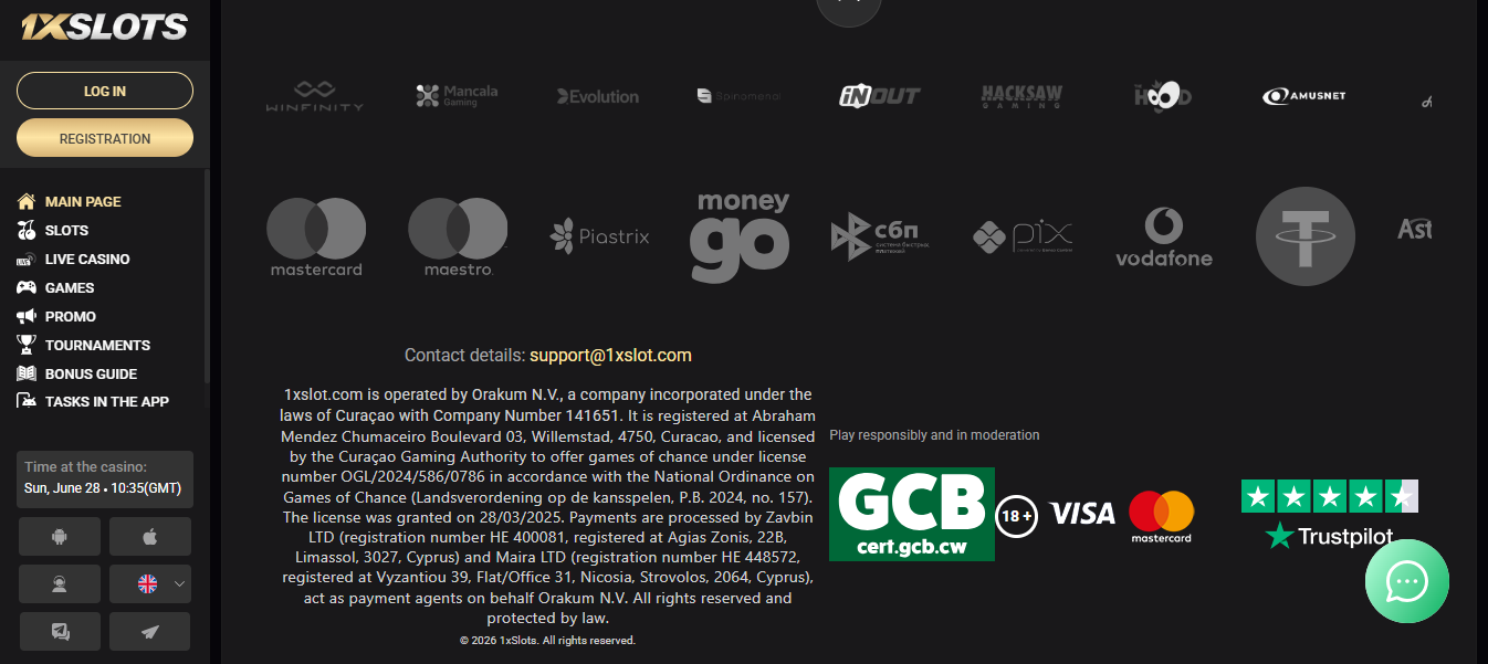 1xSlots footer showing its Curaçao licence