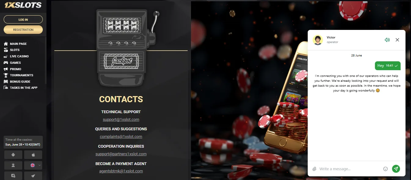 Screenshot of 1xSlots's live chat support window