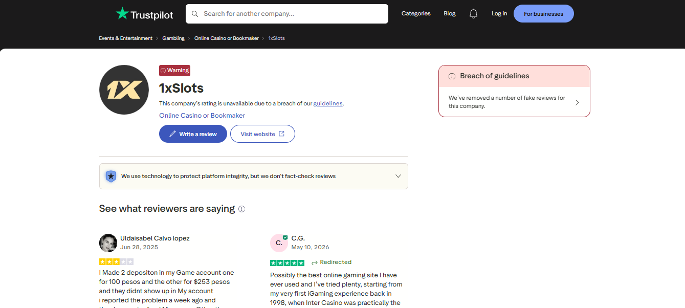 1xSlots Trustpilot rating 3.8 from 265 reviews