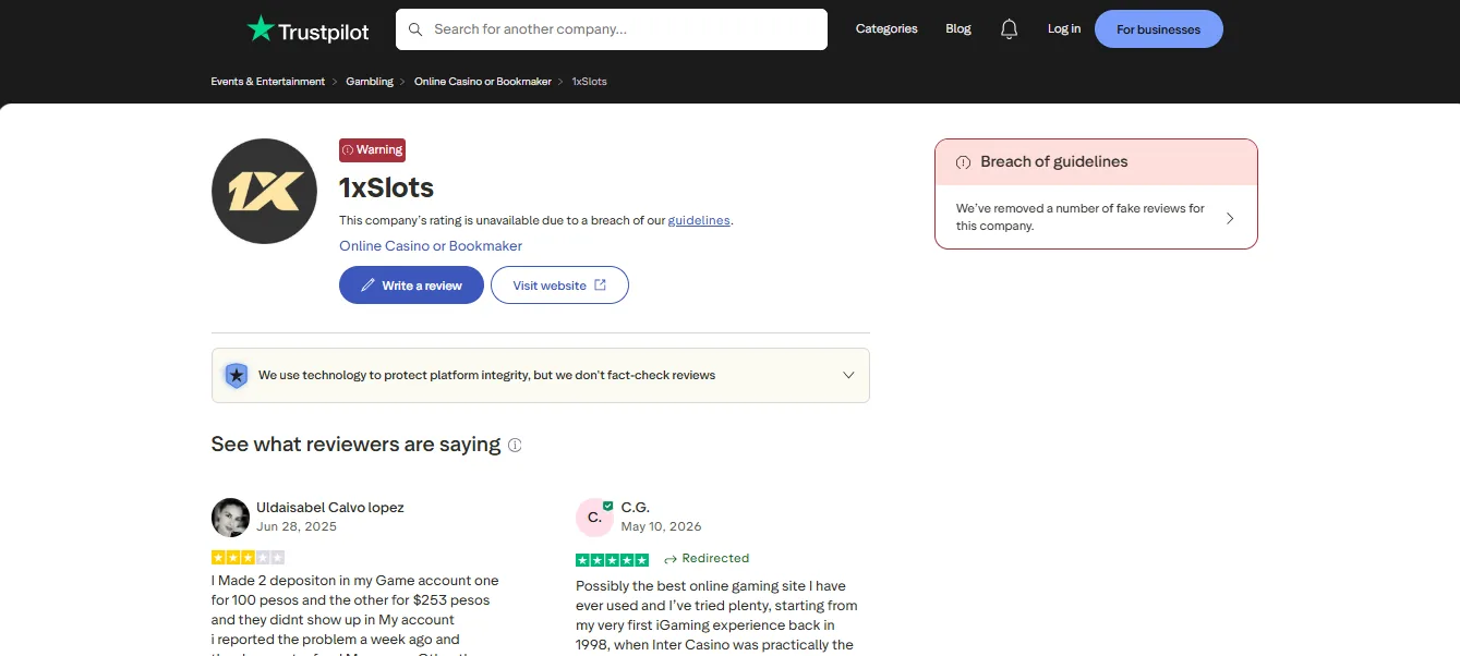 1xSlots Trustpilot rating 3.8 from 265 reviews
