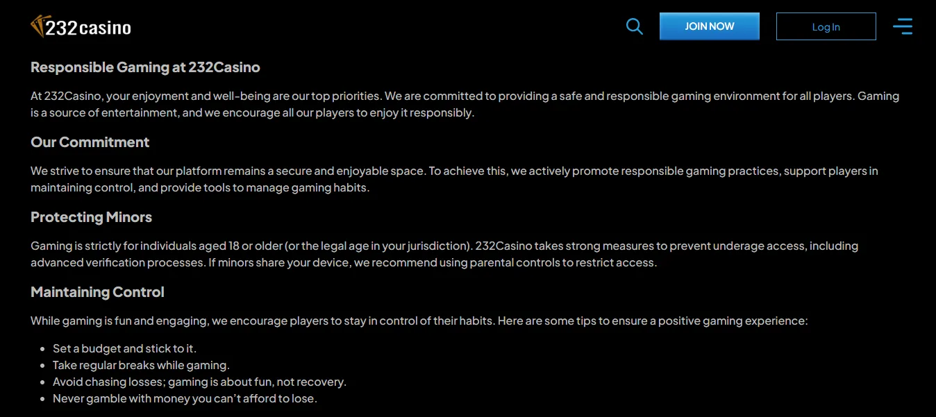 232Casino responsible gambling page