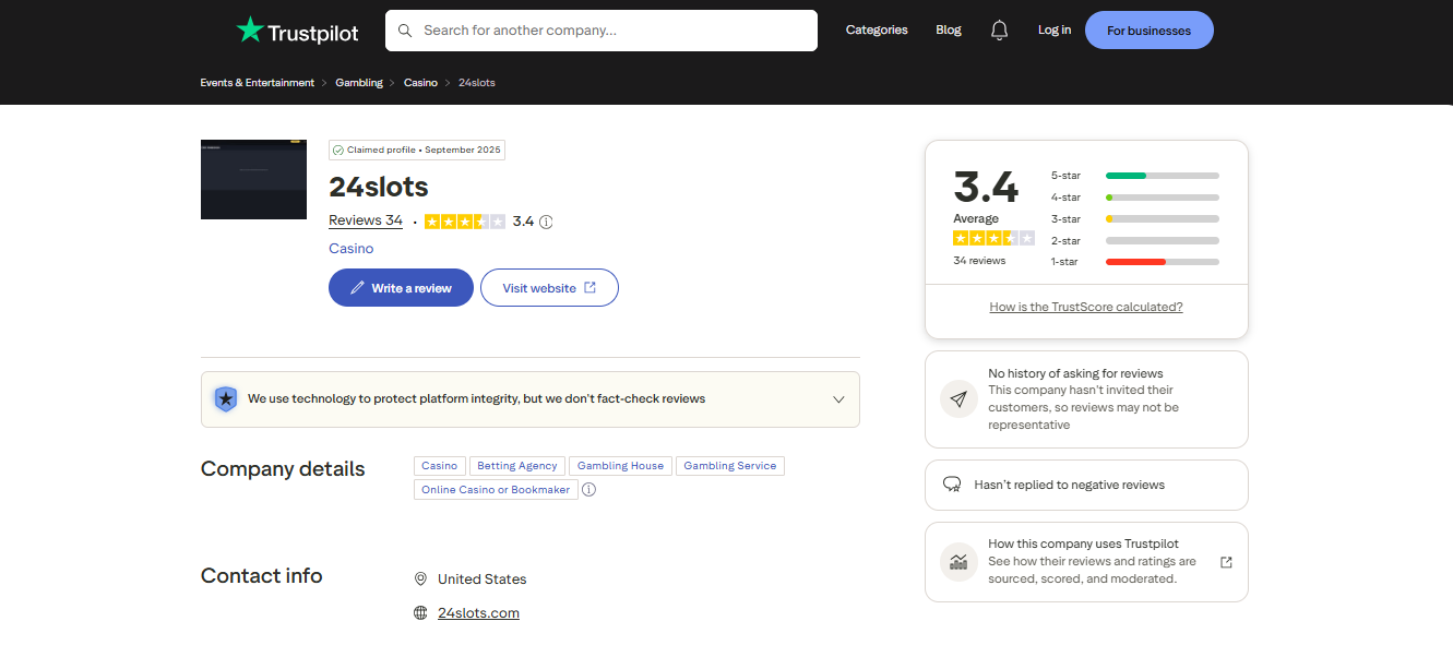 24slots Trustpilot rating 3.4 from 34 reviews