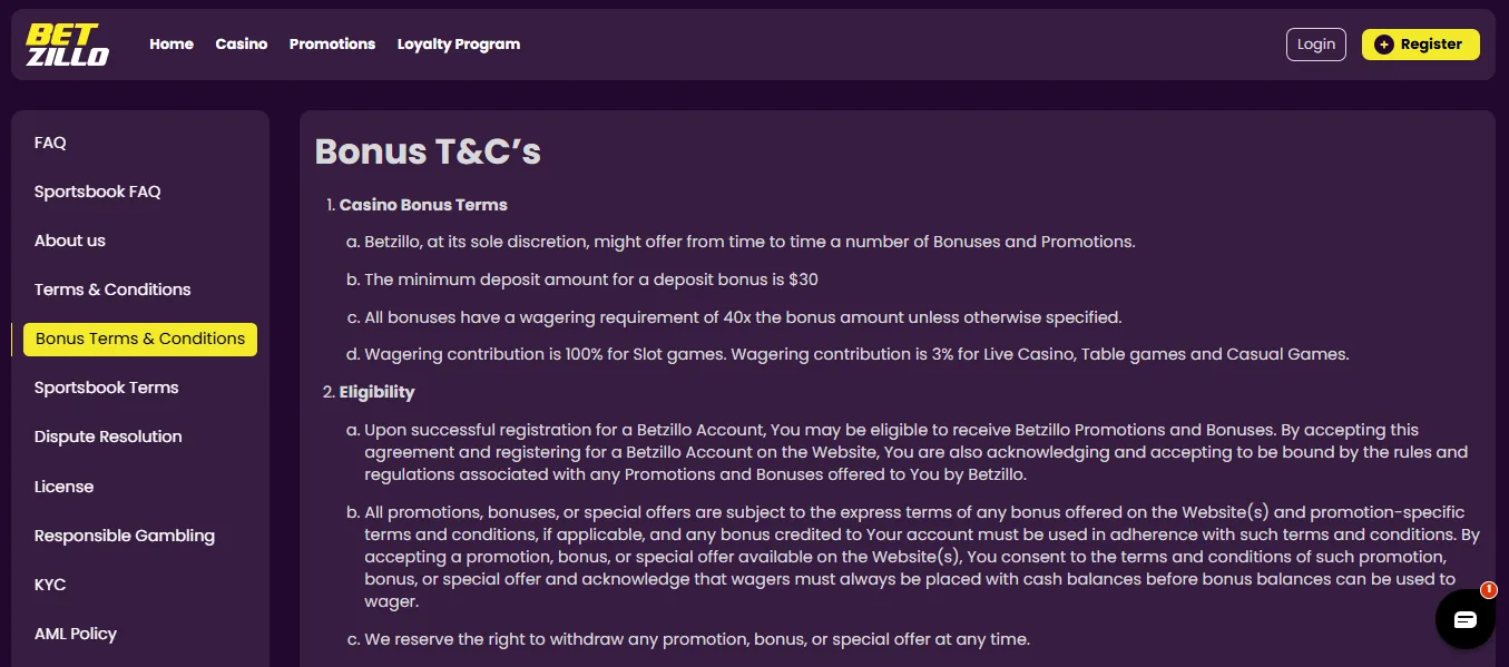 Screenshot of Betzillo's bonus terms and wagering requirements