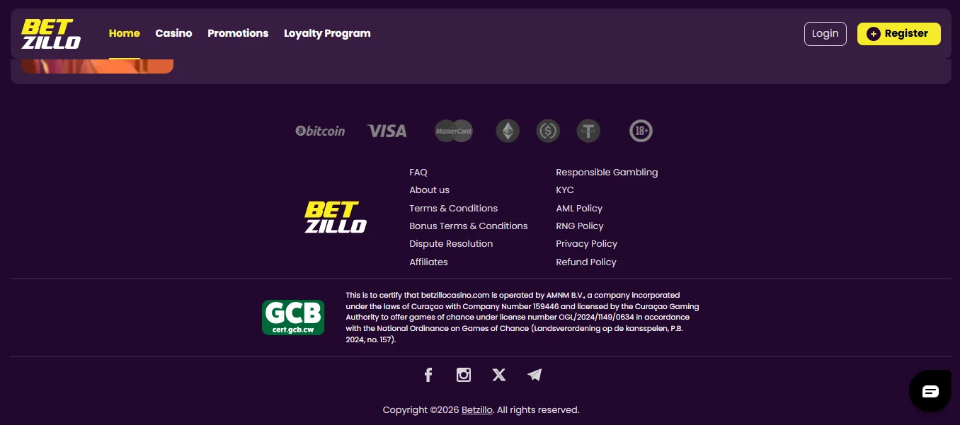 Screenshot of Betzillo's footer licence and regulator details