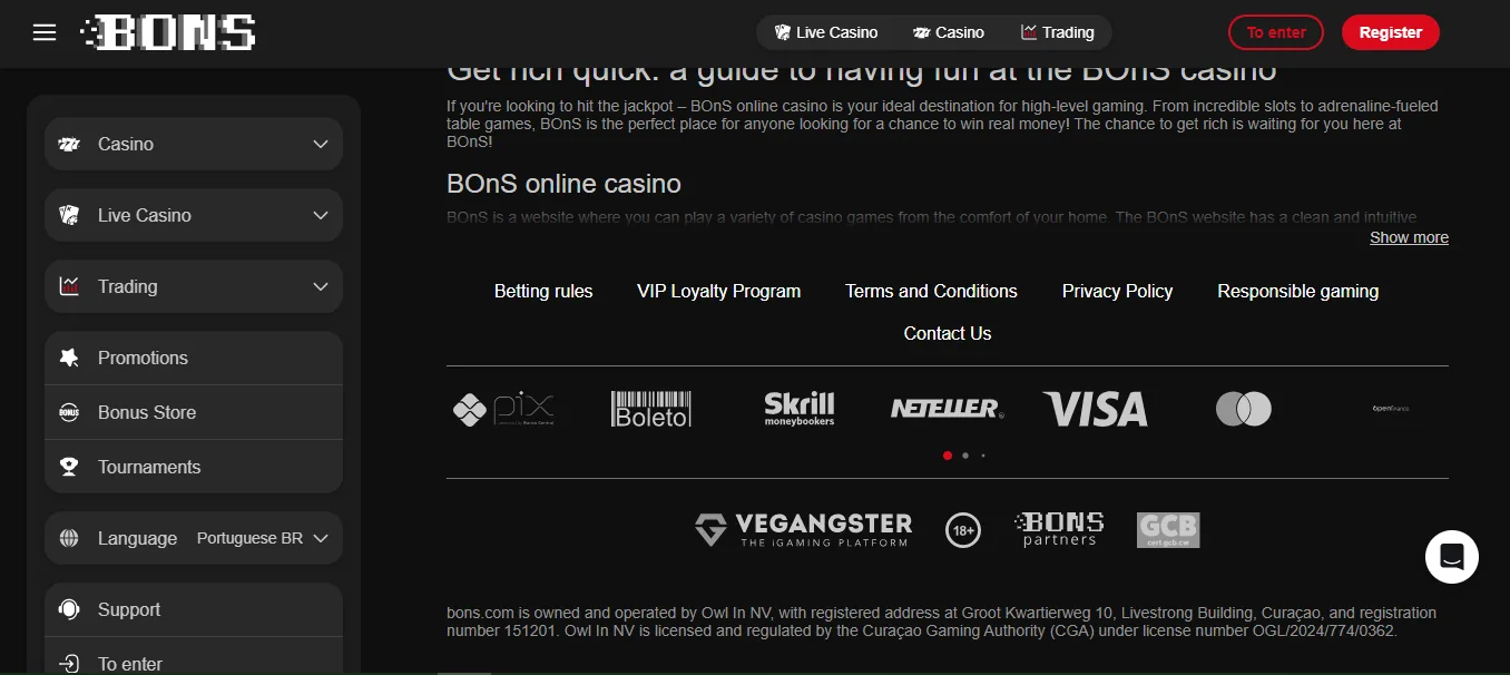 Screenshot of Bons's footer licence and regulator details