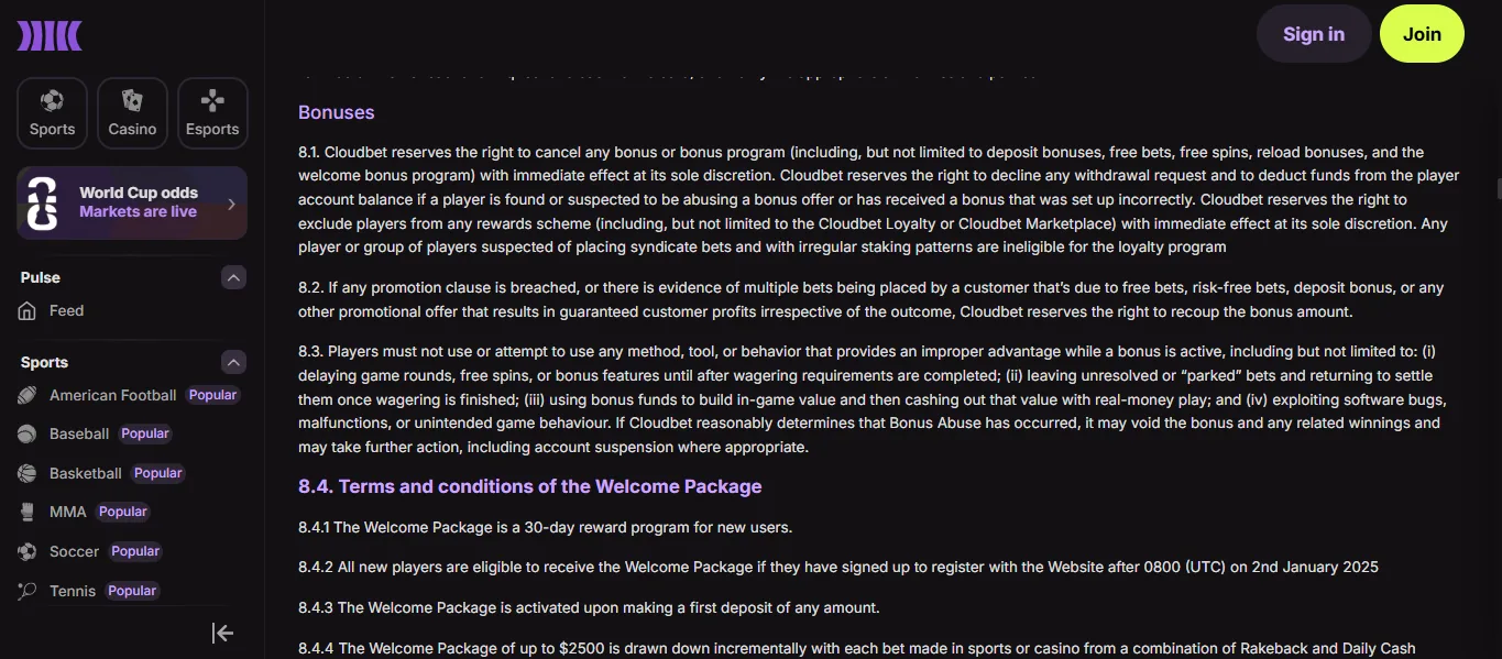Screenshot of Cloudbet's bonus terms and wagering requirements