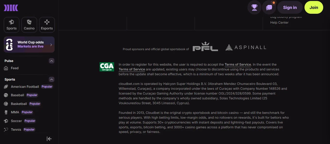 Screenshot of Cloudbet's footer licence and regulator details