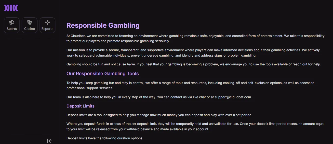 Screenshot of Cloudbet's responsible-gambling tools