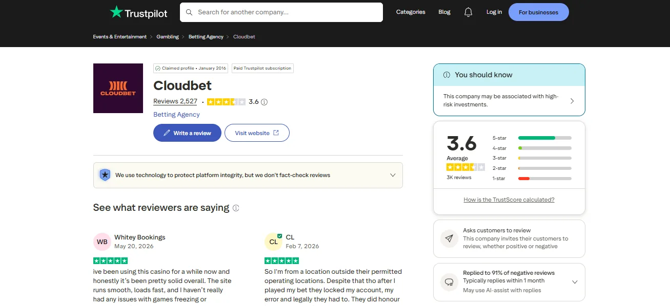 Screenshot of Cloudbet's Trustpilot rating overview