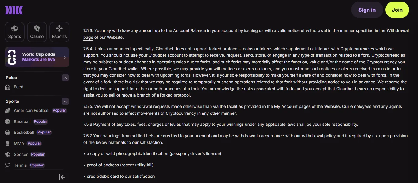 Screenshot of Cloudbet's withdrawal section and limits