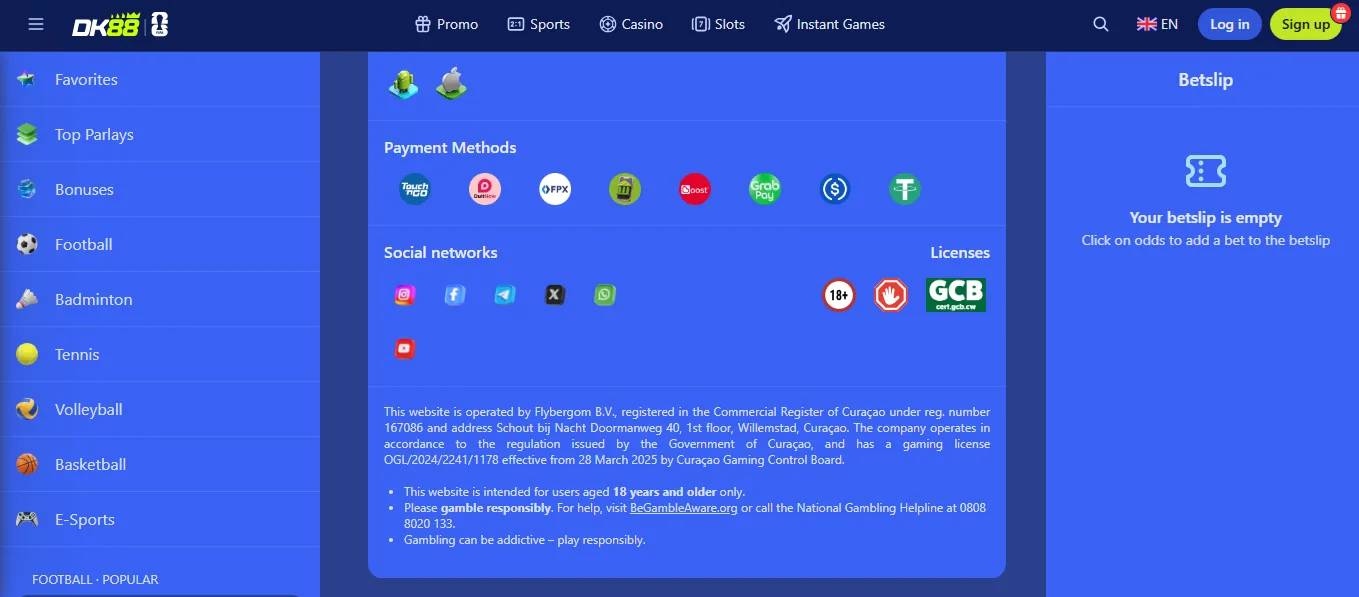 Screenshot of Dashking88's footer licence and regulator details