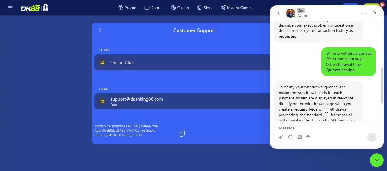 Screenshot of Dashking88's live chat support window