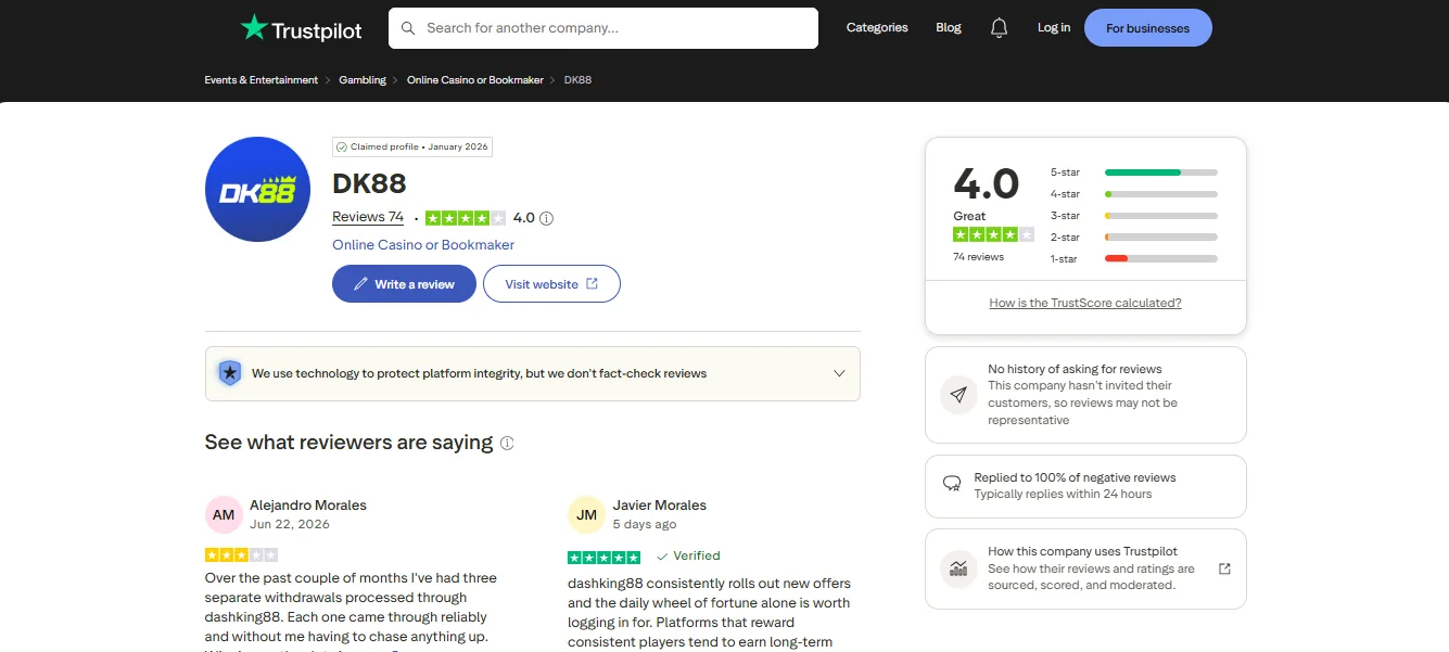 Screenshot of Dashking88's Trustpilot rating overview