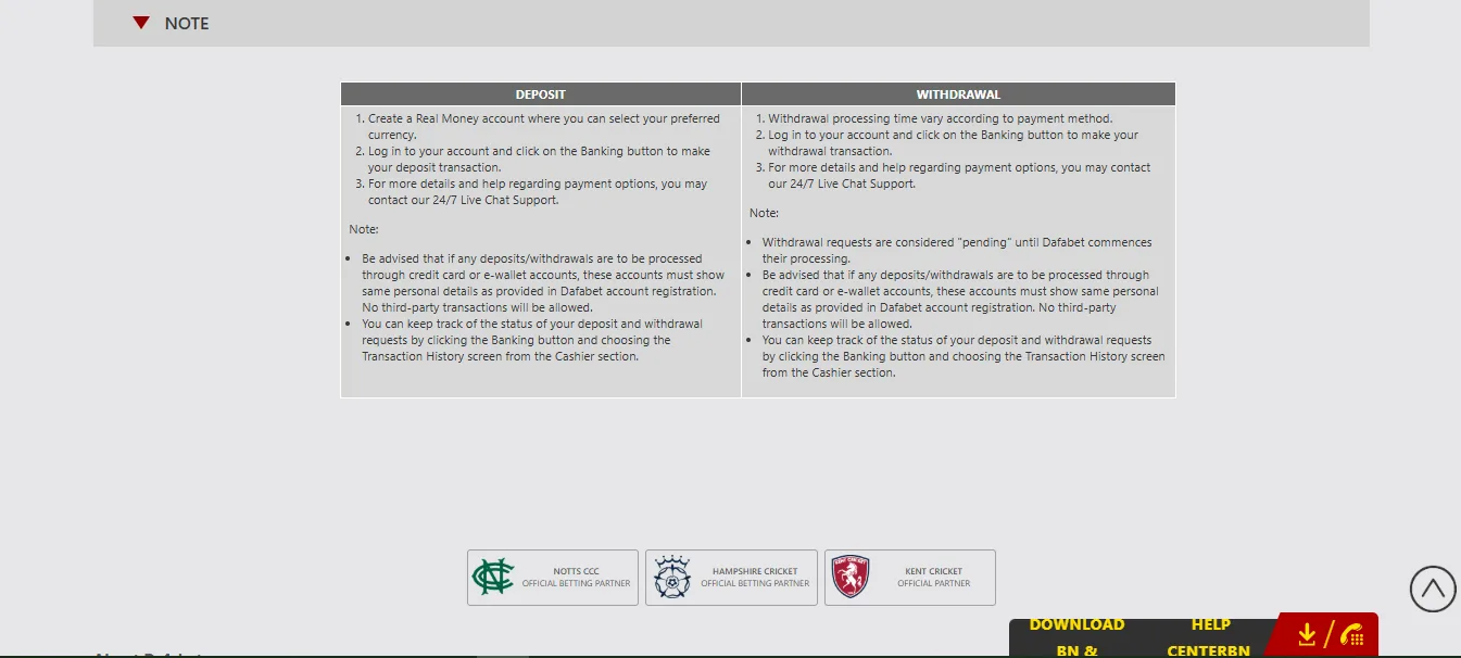 Screenshot of Dafabet's withdrawal section and limits