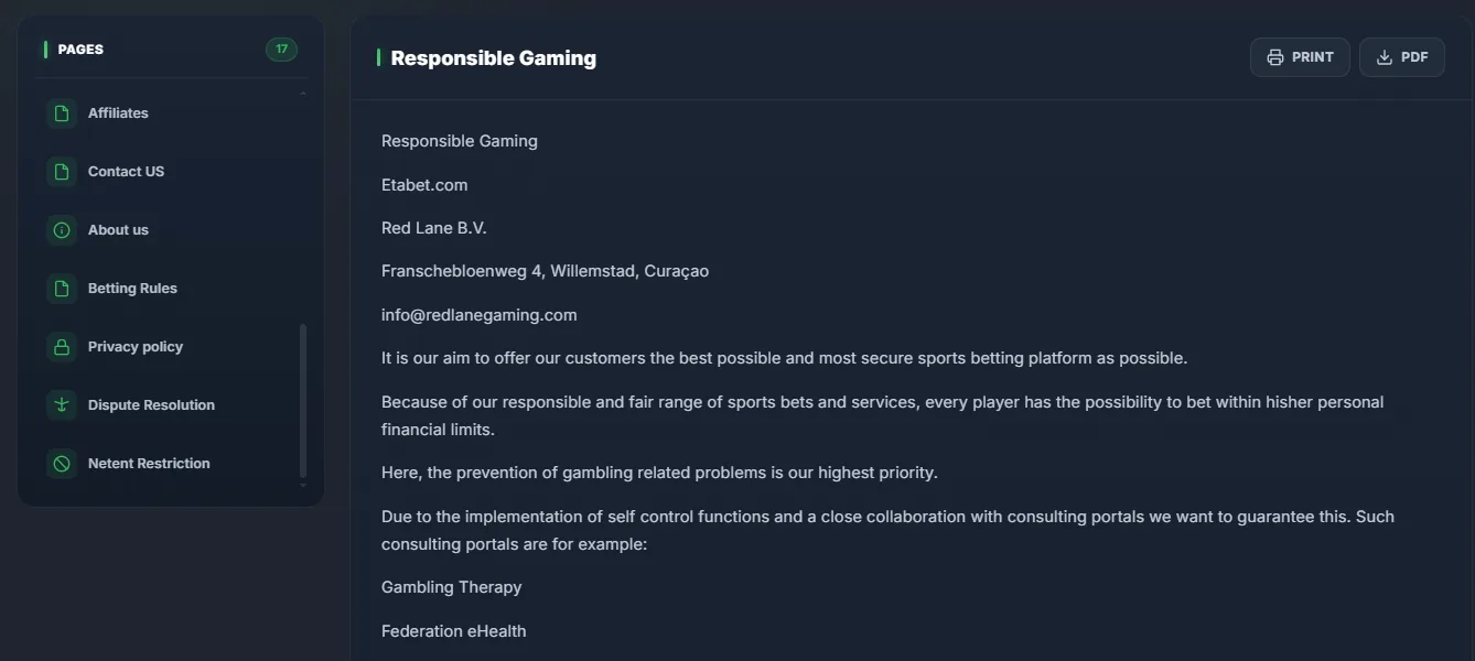 Etabet responsible gaming page