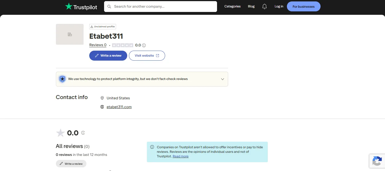 Etabet Trustpilot profile with zero reviews