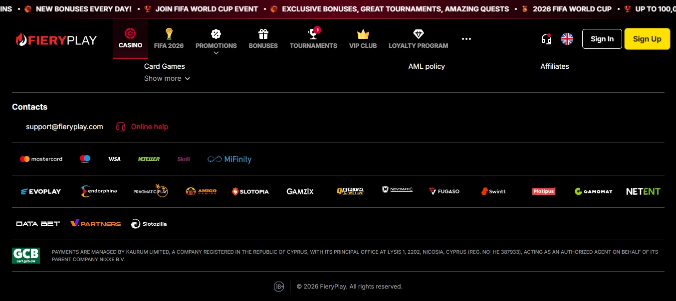 Screenshot of Fieryplay's footer licence and regulator details