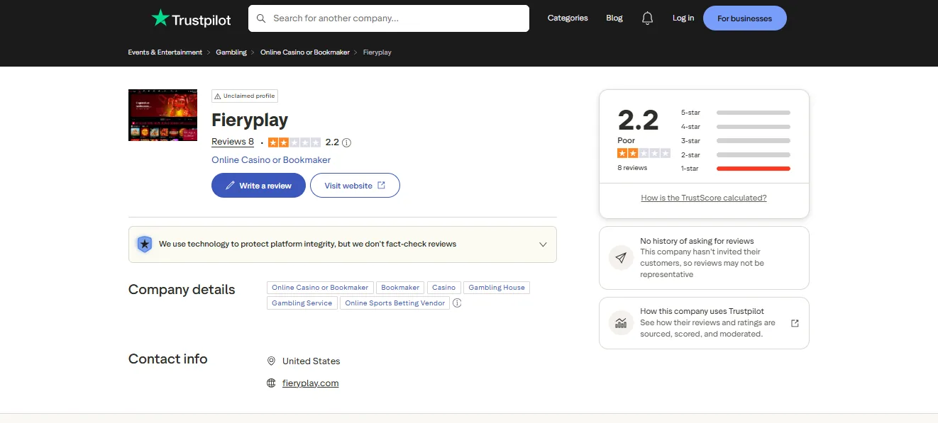 Screenshot of Fieryplay's Trustpilot rating overview