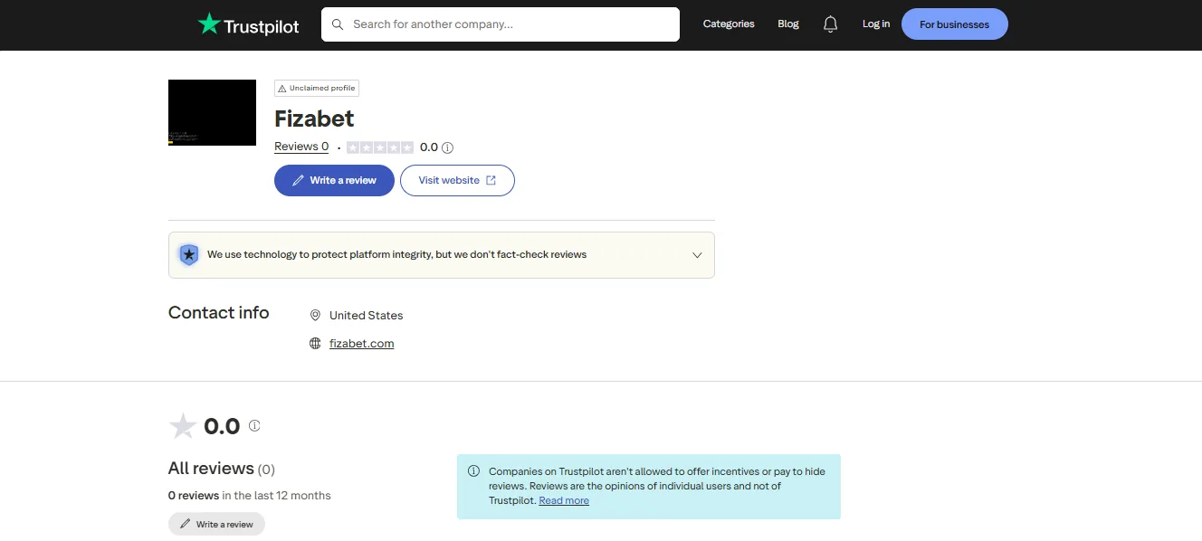 Screenshot of Fizabet's Trustpilot rating overview