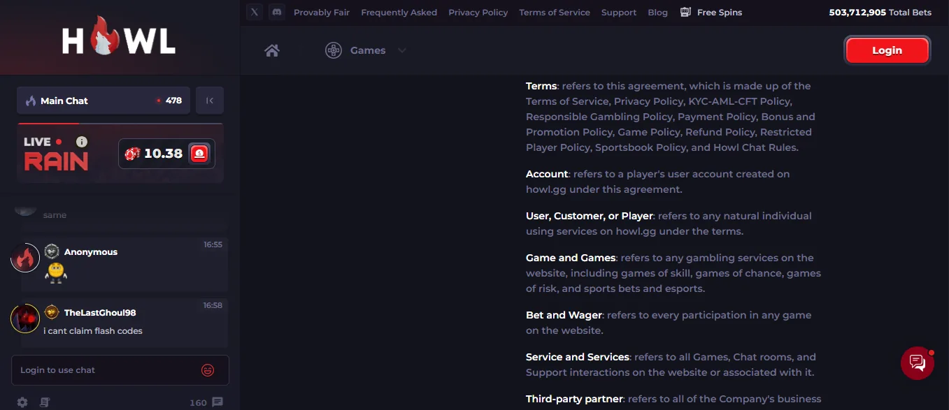 Screenshot of Howl's bonus terms and wagering requirements
