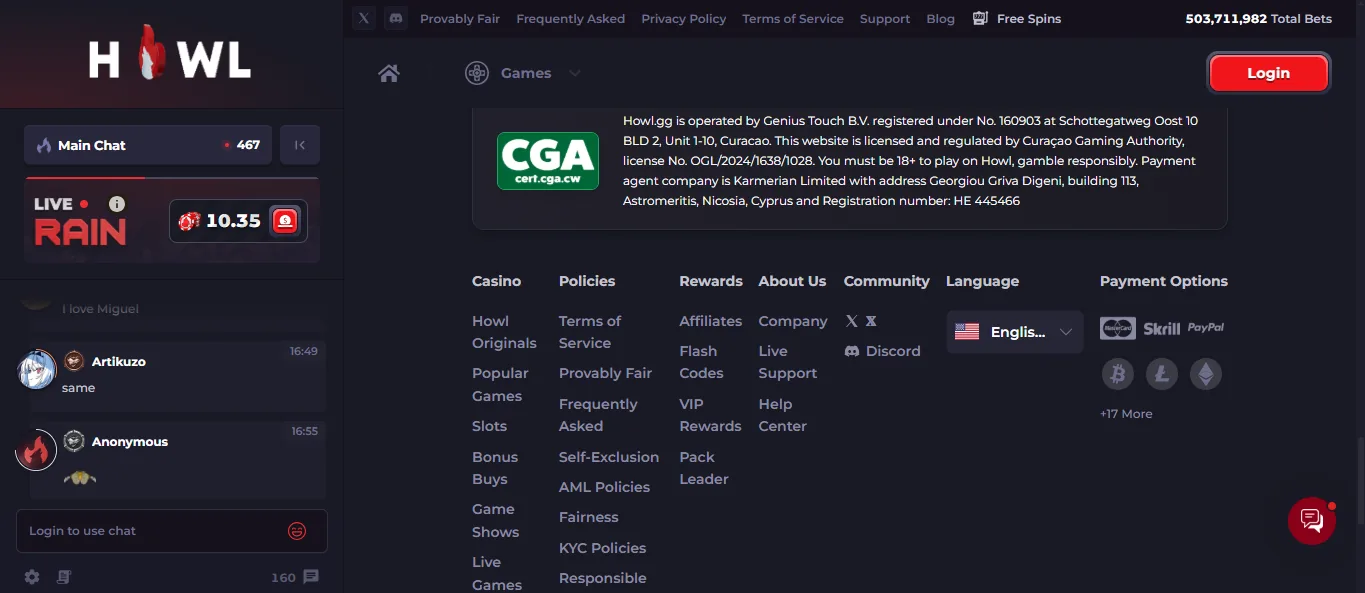 Screenshot of Howl's footer licence and regulator details