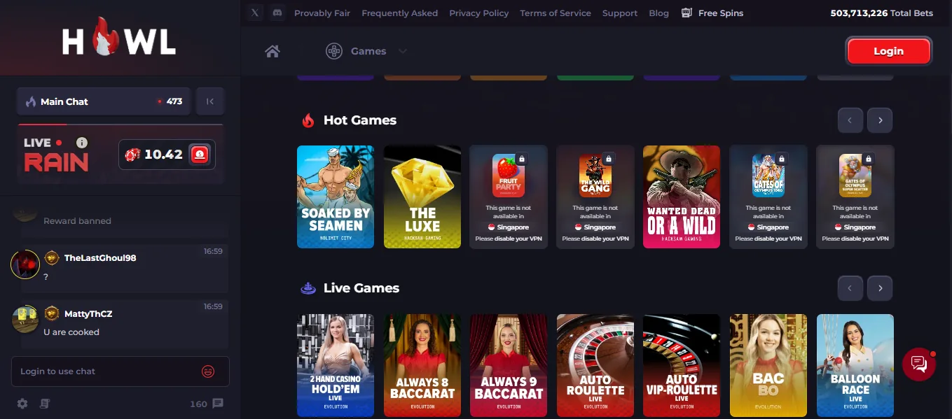 Screenshot of Howl's games lobby