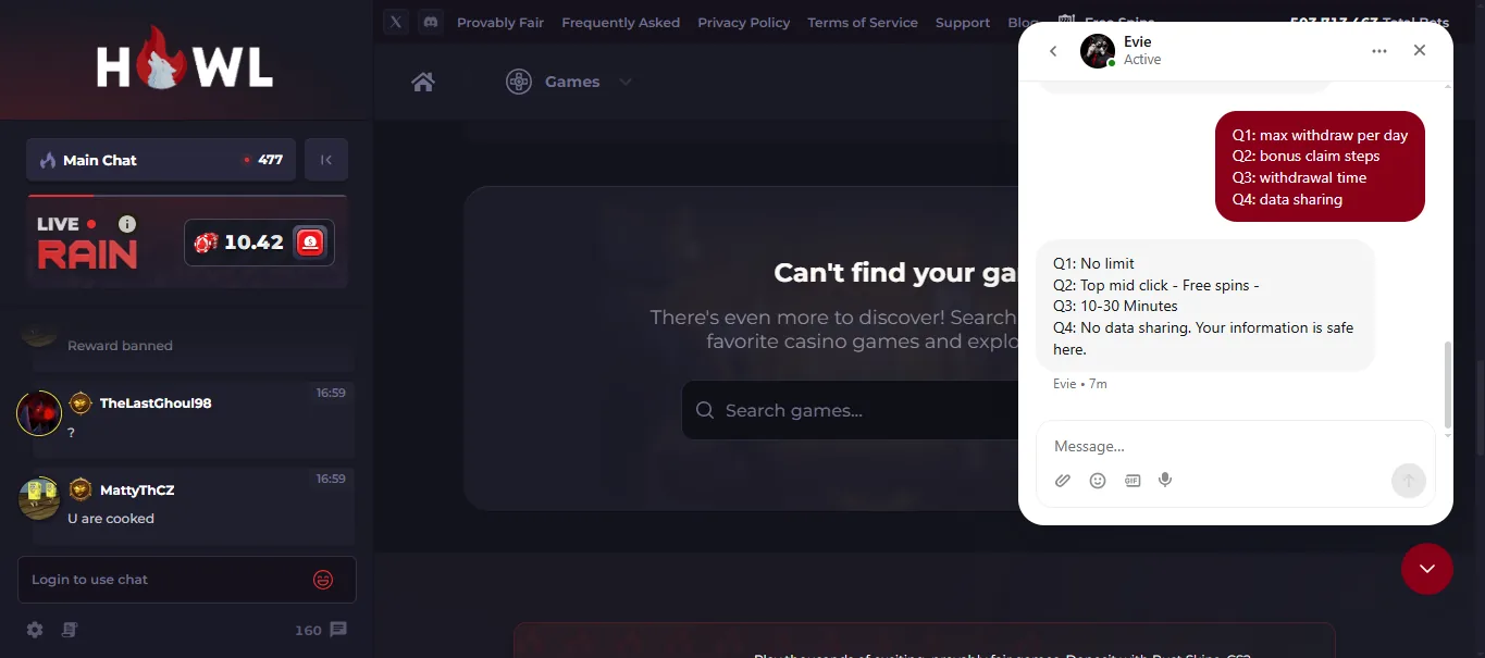 Screenshot of Howl's live chat support window