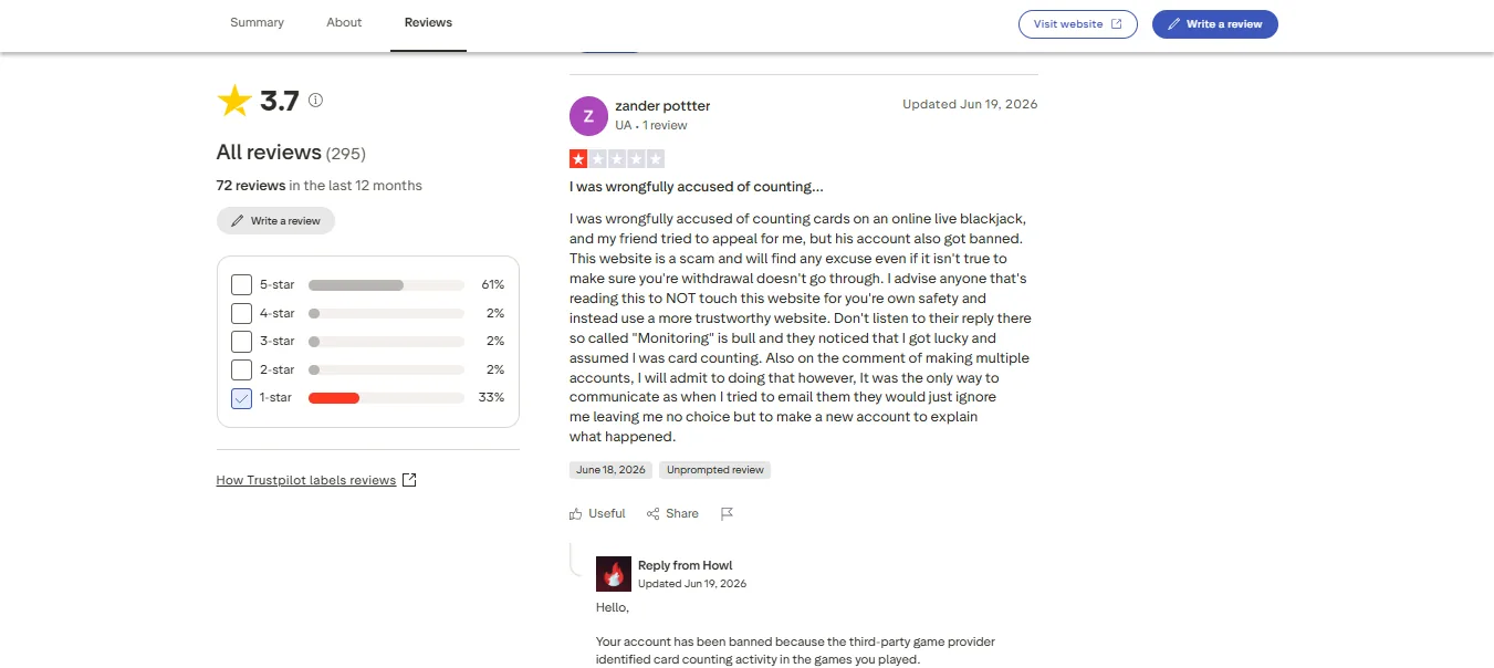 Screenshot of Howl's negative Trustpilot review