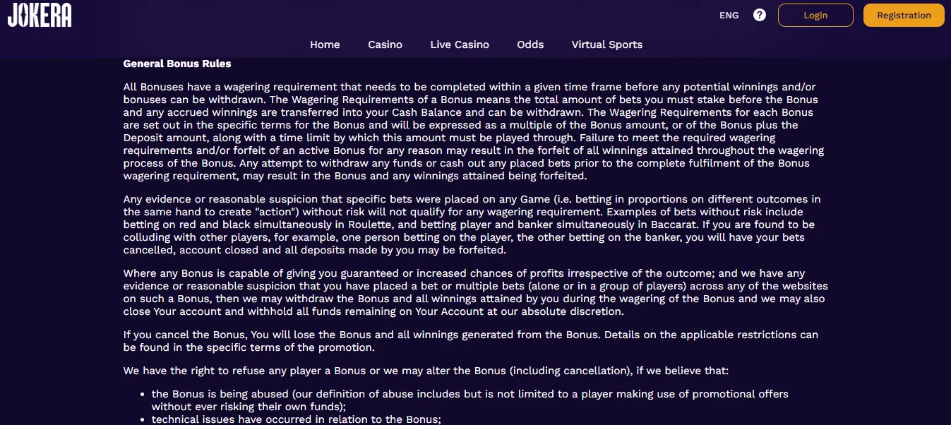 Screenshot of Jokera's bonus terms and wagering requirements