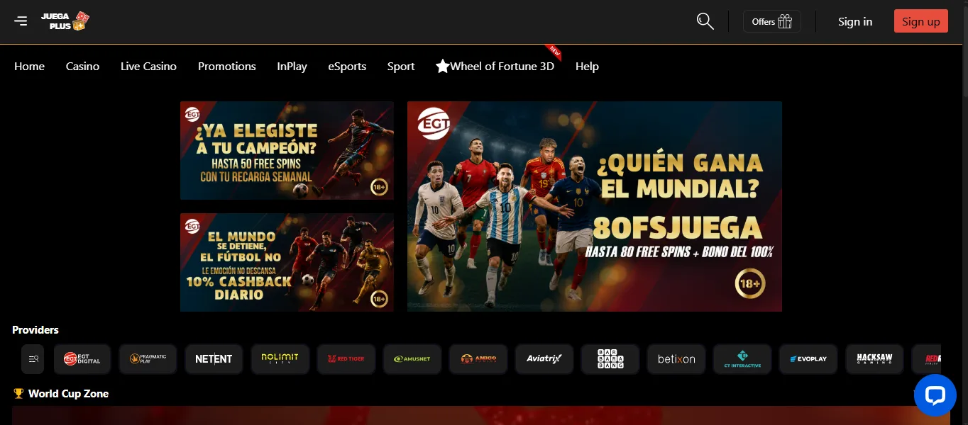 Juega Plus homepage with World Cup promotions